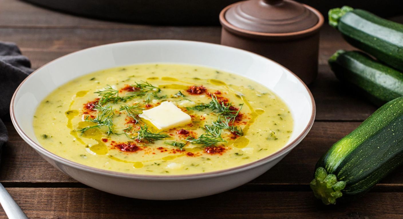 A warm, creamy bowl of Turkish zucchini soup garnished with melted butter infused with red pepper flakes and finely chopped dill, resting on a rustic wooden table with fresh zucchinis and a small pot nearby.