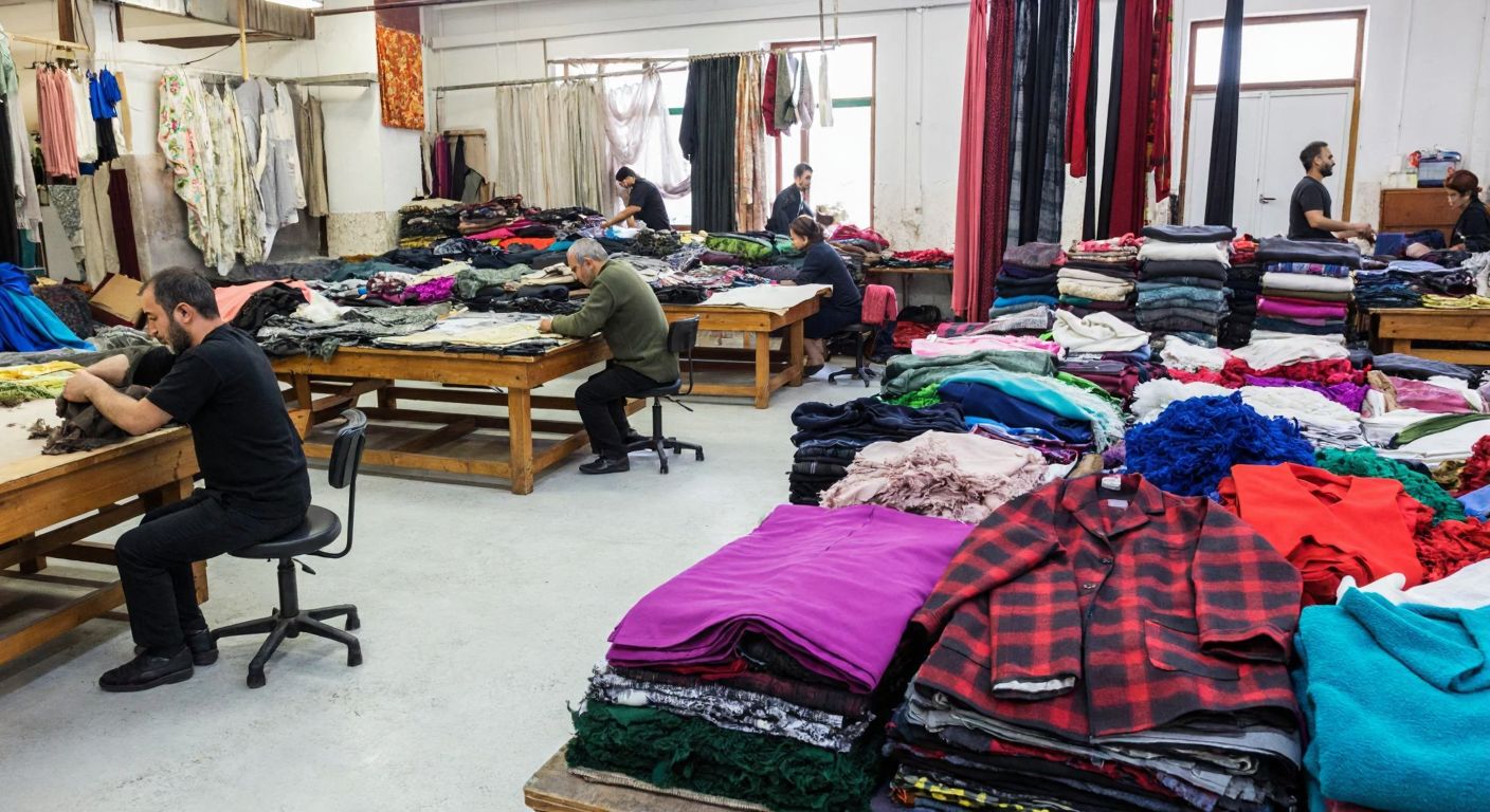A vibrant textile workshop in Turkey, where workers sort colorful recycled fabrics into piles for clothing, upholstery, and home textiles, with a tailor sewing a patchwork jacket nearby.