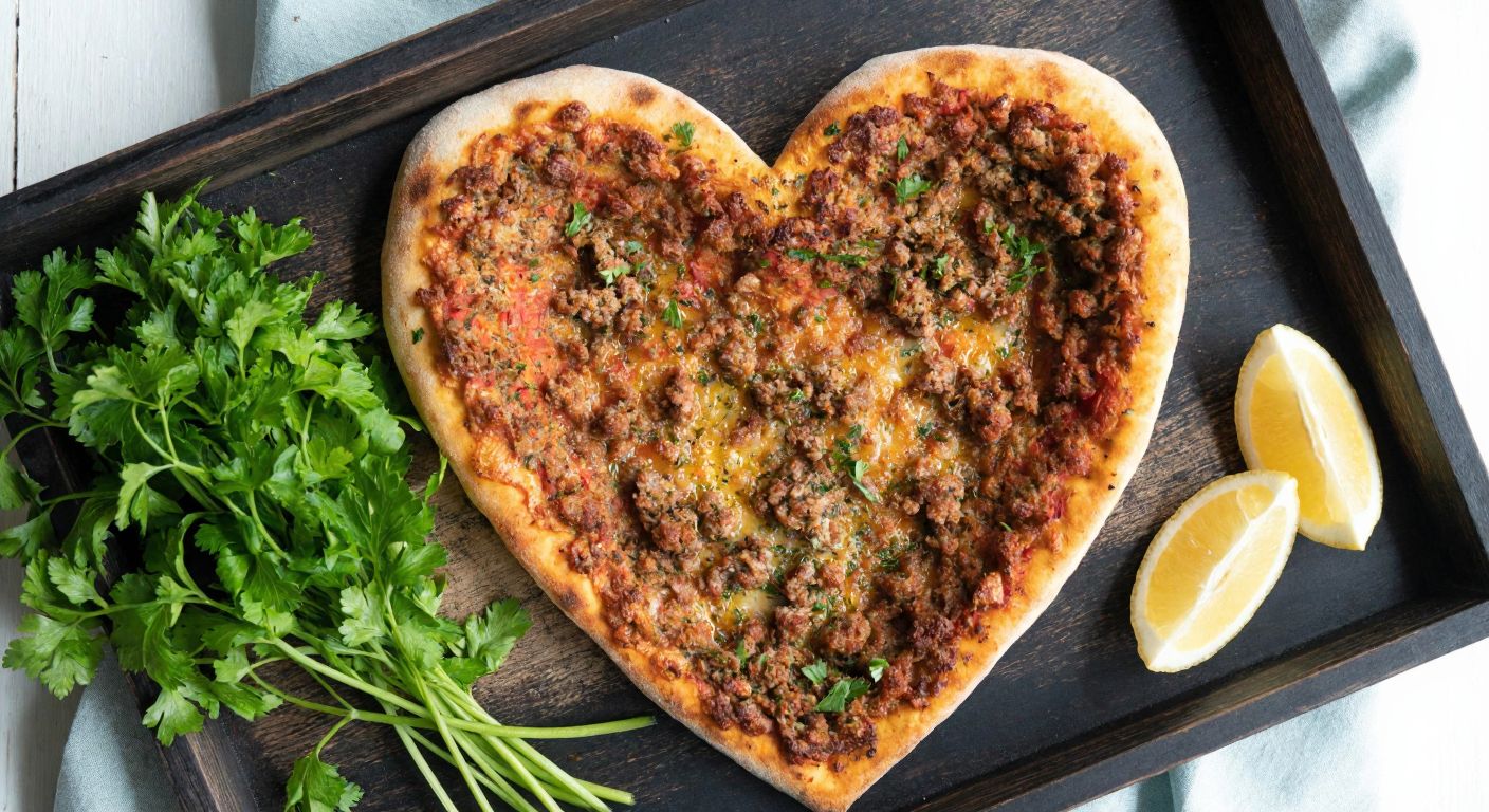 A heart-shaped lahmacun with a golden-brown crust, topped with minced meat and herbs, placed on a rustic wooden tray beside fresh parsley and lemon wedges, evoking warmth and celebration.