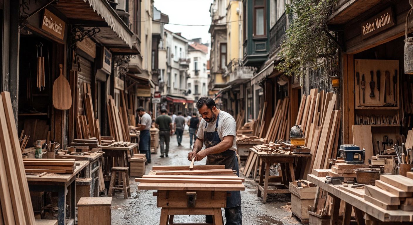 A bustling Beşiktaş street with a traditional Turkish woodworking atölyesi, where a marangoz in a sawdust-covered apron carves intricate patterns into dark walnut wood, surrounded by stacks of timber and hand tools.