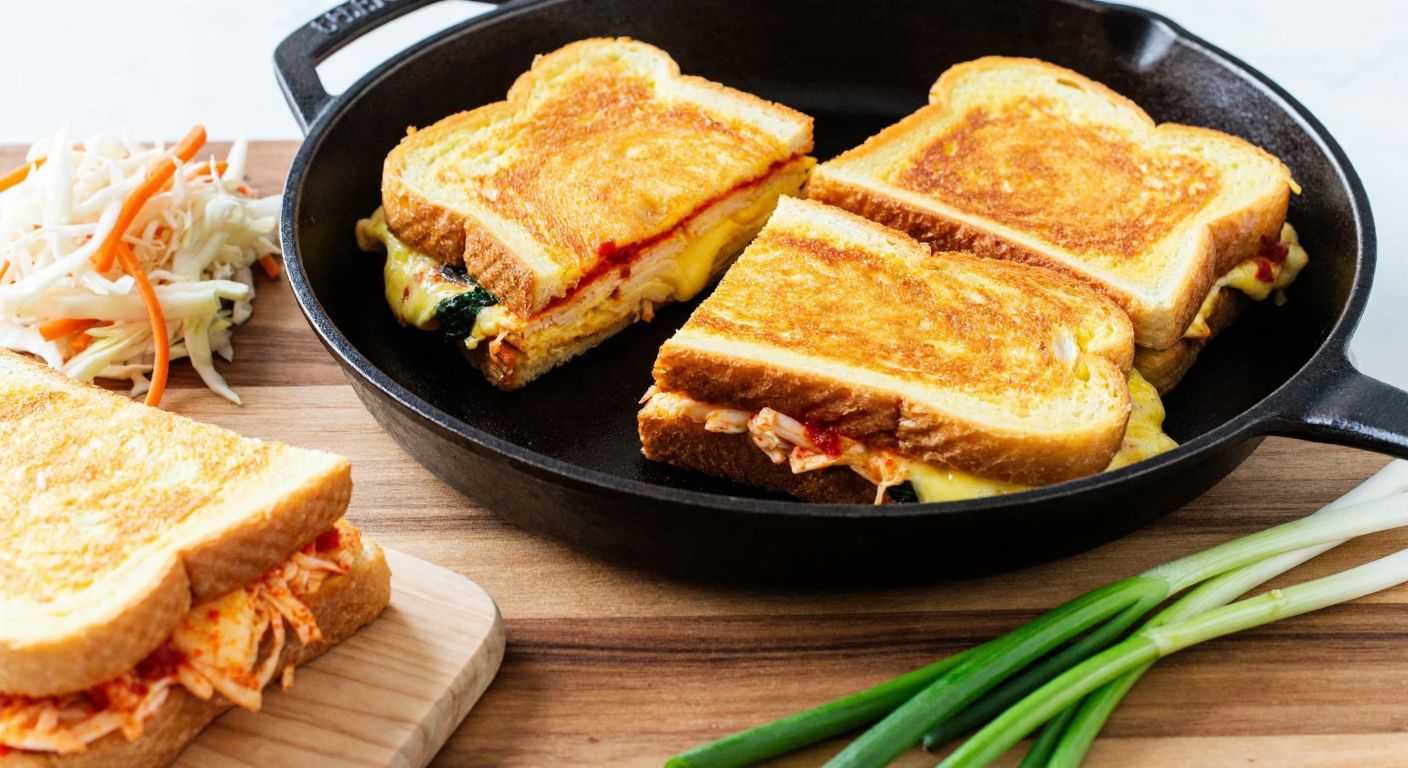 A sizzling pan holds golden-brown toast slices stuffed with a fluffy vegetable omelet and melted cheese, while vibrant kimchi spills out from another toasted sandwich on a wooden cutting board, surrounded by fresh ingredients like shredded cabbage, carrots, and green onions.