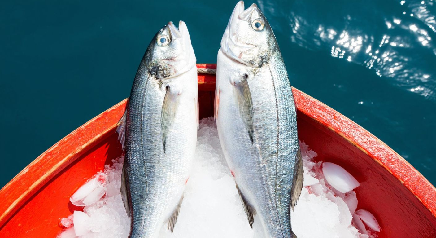 A vibrant split-image of two fresh fish side by side—one a silvery-brown kaya levreği on a Mediterranean fishing boat, the other a pink-orange salmon glistening on ice in a Nordic market—with a Turkish fisherman and a Nordic vendor gesturing proudly toward their catch.