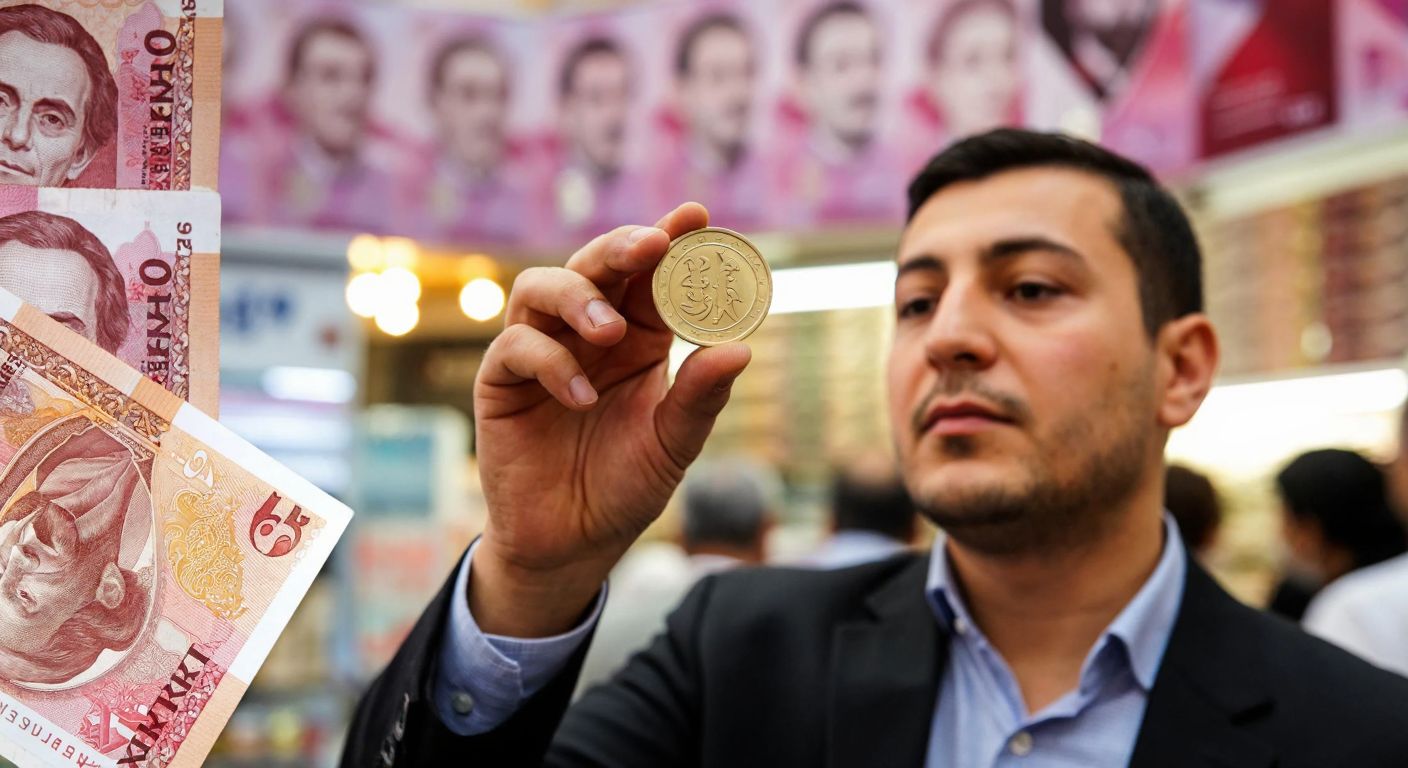 A Turkish trader in a bustling Istanbul bazaar examining a British pound coin against a backdrop of stacked Turkish lira banknotes, with a focused expression.