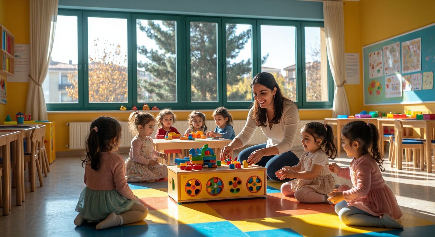 A bright, colorful classroom in Turkey with young children happily playing with educational toys, a teacher smiling as she guides them, and large windows letting in sunlight, reflecting a warm and nurturing environment.