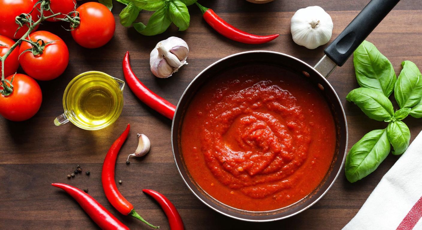 A rustic Italian kitchen with a wooden table displaying fresh tomatoes, red chili peppers, garlic cloves, olive oil, and basil leaves arranged around a simmering pot of vibrant red arrabbiata sauce.