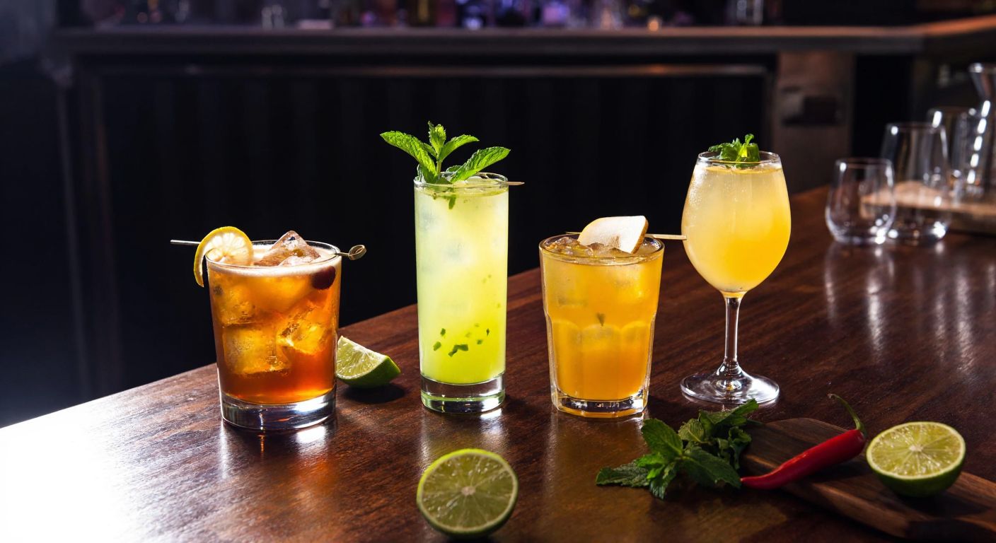 A dimly lit, stylish bar in Istanbul with a polished wooden counter displaying three vibrant cocktails—one amber with ginger garnish, one pale green with a pear slice, and one golden-red with a chili pepper—surrounded by sleek glassware and fresh ingredients like zesty limes and sprigs of mint.