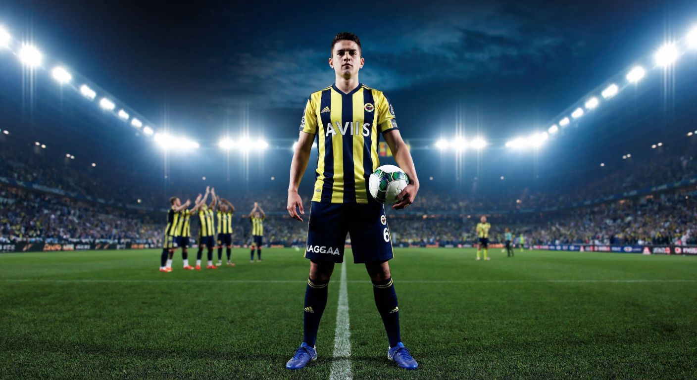 A young, determined football player in a Fenerbahçe jersey stands confidently on a lush green pitch under bright stadium lights, holding a ball while fans cheer passionately in the background.