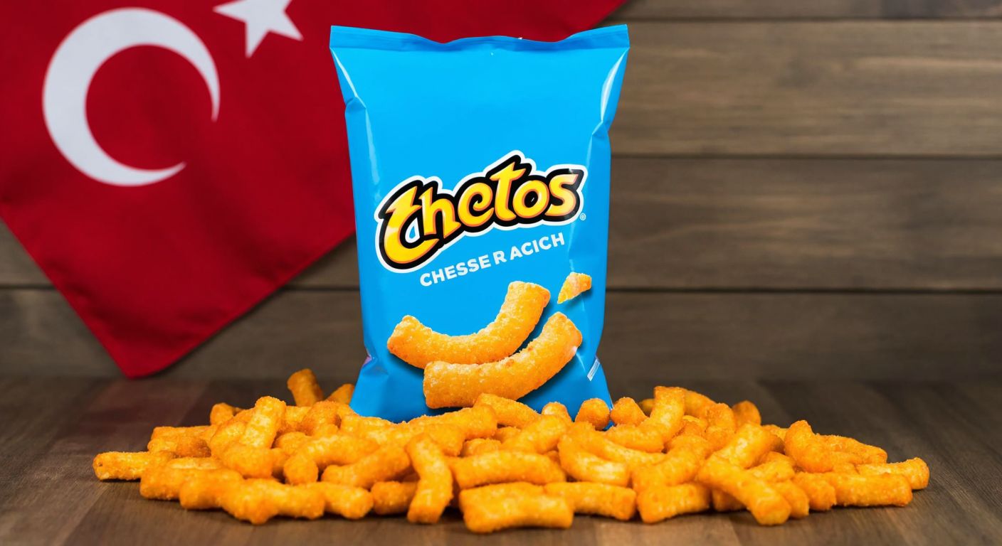 A vibrant blue Cheetos bag sits on a wooden table surrounded by scattered orange cheese-flavored puffs, with a Turkish flag subtly visible in the background.