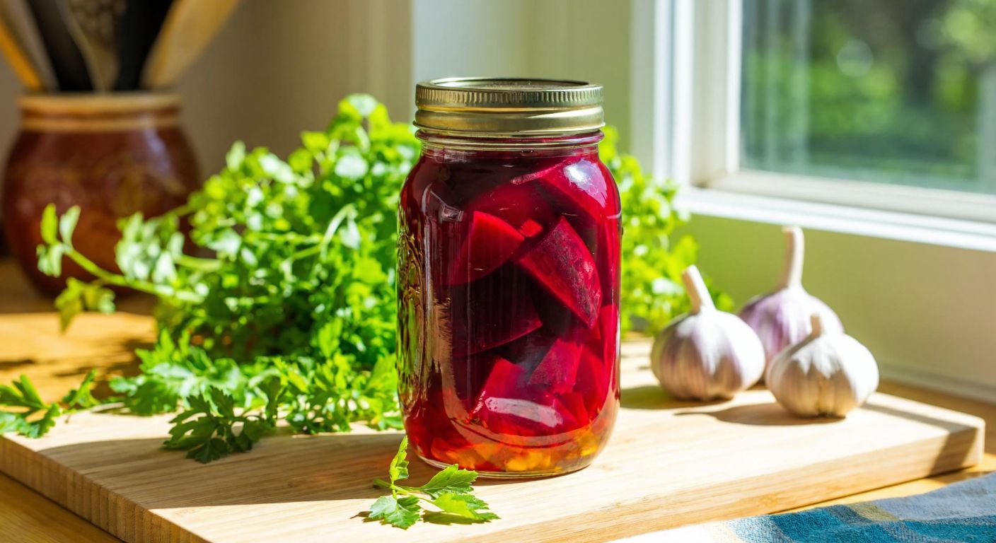 A vibrant glass jar filled with thinly sliced red beets submerged in a golden brine, surrounded by fresh herbs and garlic cloves, resting on a sunlit wooden kitchen counter in a cozy Turkish home.