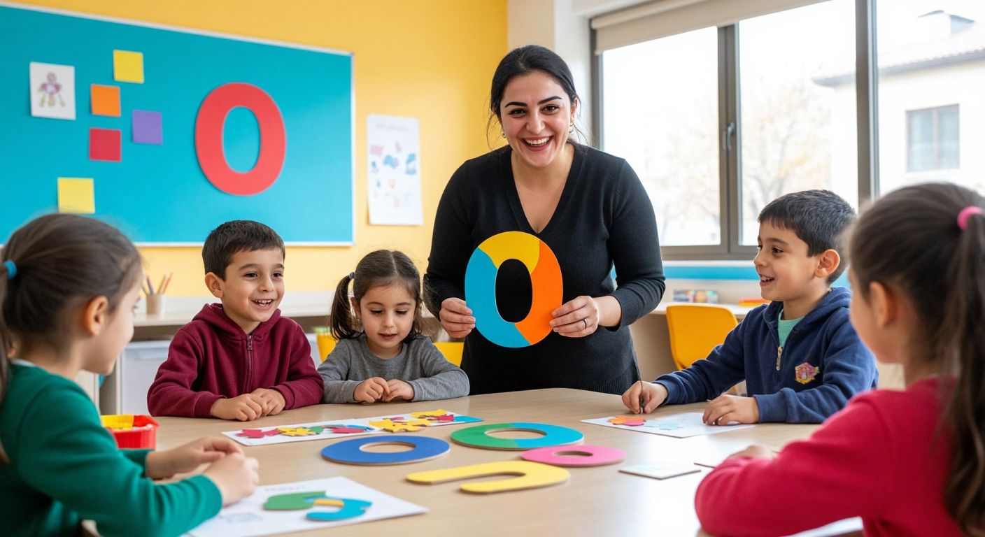 A cheerful Turkish teacher in a bright classroom holds up a large, colorful cutout of the letter "O" while children gather around a table with interactive puzzles and crafts shaped like the letter.
