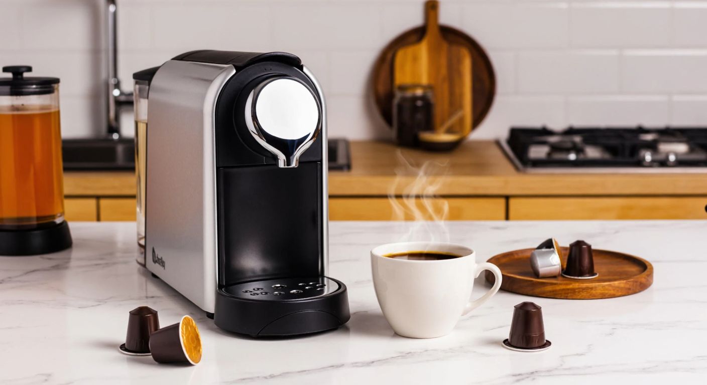 A warm Turkish kitchen with a modern espresso machine on a marble countertop, surrounded by small yassı espresso pods and a steaming cup of rich coffee, evoking comfort and efficiency.