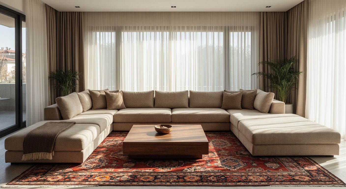 A spacious rectangular Turkish living room with a large L-shaped beige sofa placed diagonally in the corner, facing a low wooden coffee table, with sunlight streaming through sheer curtains onto a traditional kilim rug.