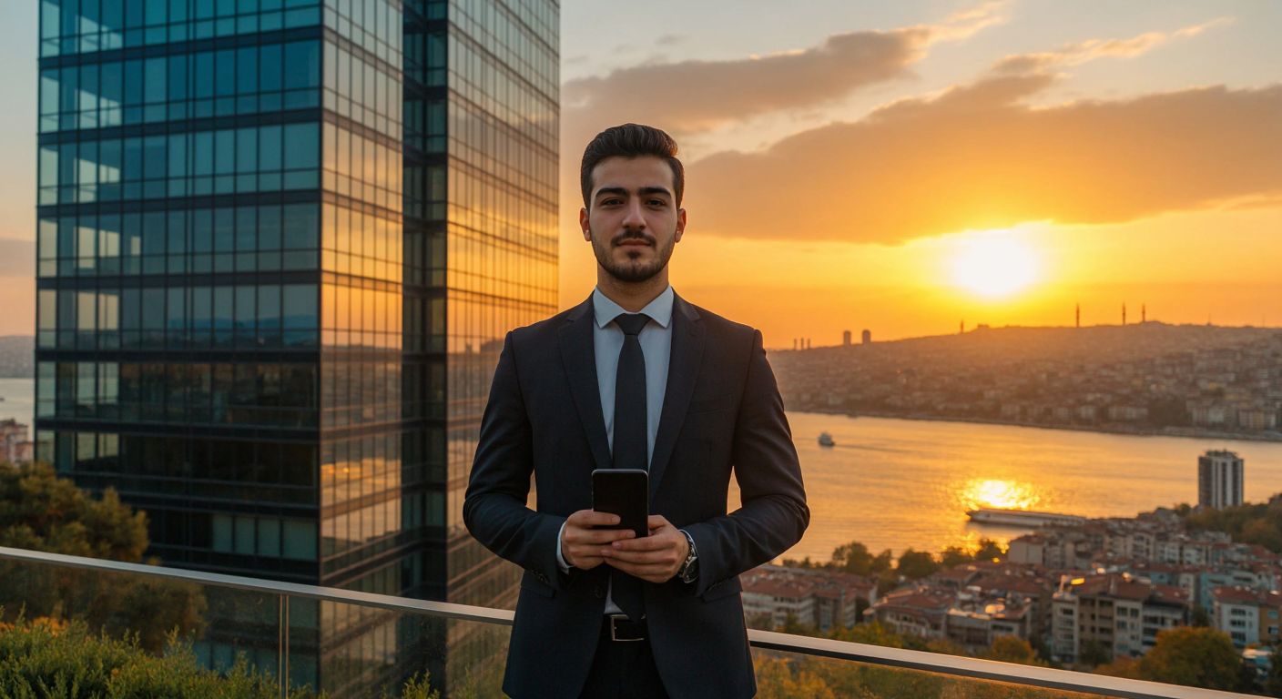A modern Turkish businessperson in a sleek suit stands confidently in front of a towering glass office building in Istanbul, holding a smartphone with the Turkcell logo subtly displayed, while a golden sun sets over the Bosphorus in the background.