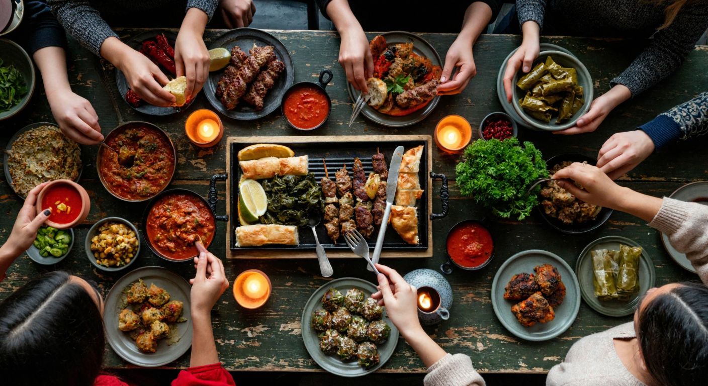 A vibrant, ancient Turkish feast spread on a weathered wooden table, with steaming dishes like kebabs, baklava, and stuffed grape leaves, surrounded by hands of diverse generations sharing food under the warm glow of lanterns.