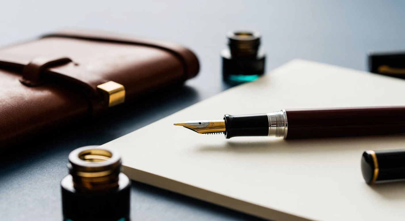 A close-up of a well-crafted fountain pen with a gold nib resting on a sheet of smooth paper, surrounded by scattered ink bottles and a finely textured leather notebook, evoking a sense of elegance and craftsmanship.