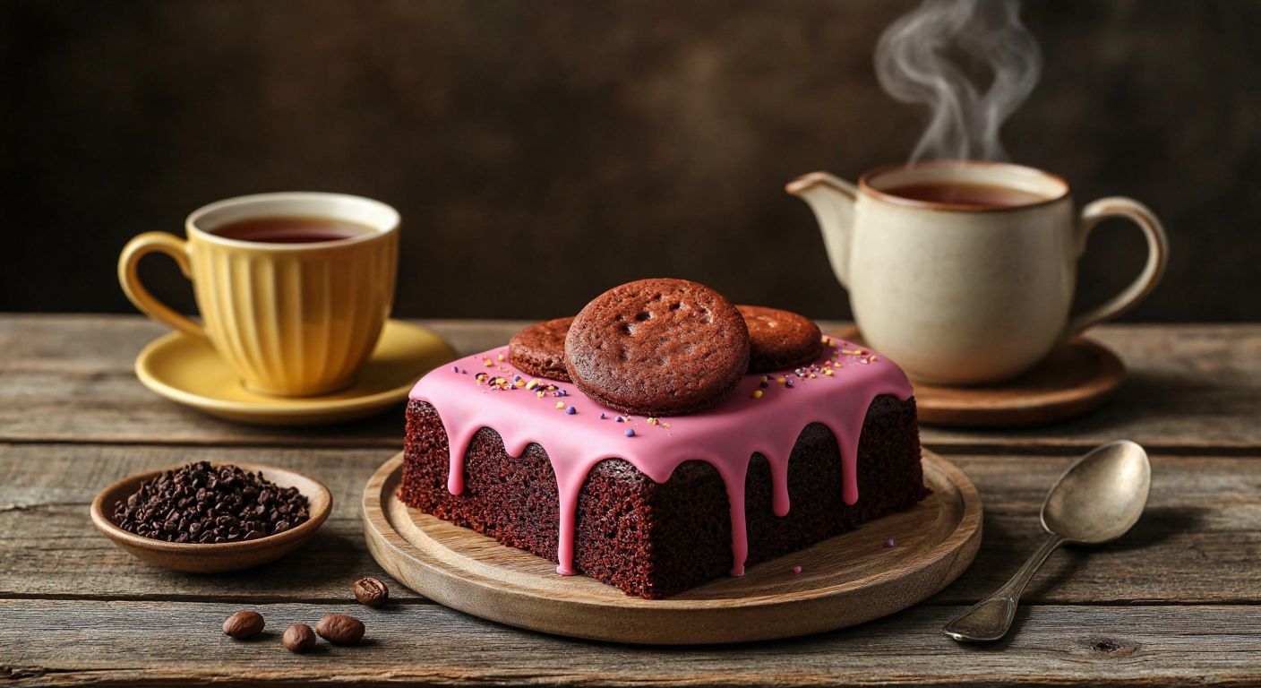 A vibrant Turkish wet cake ("Luppo Lup Lup") with a bold, eye-catching packaging featuring an oven mitt motif, placed on a rustic wooden table beside a steaming cup of tea, evoking warmth and nostalgia.