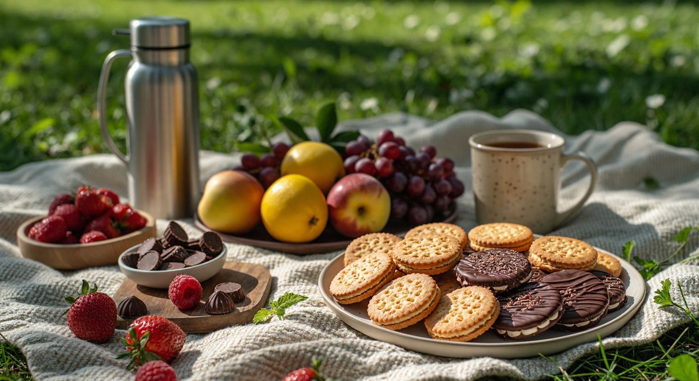 A sunny picnic blanket in a green park with a small square biscuit (piknik bisküvisi) and assorted chocolate, hazelnut, and fruit-flavored biscuits arranged neatly on a plate, surrounded by fresh fruit and a thermos of tea.