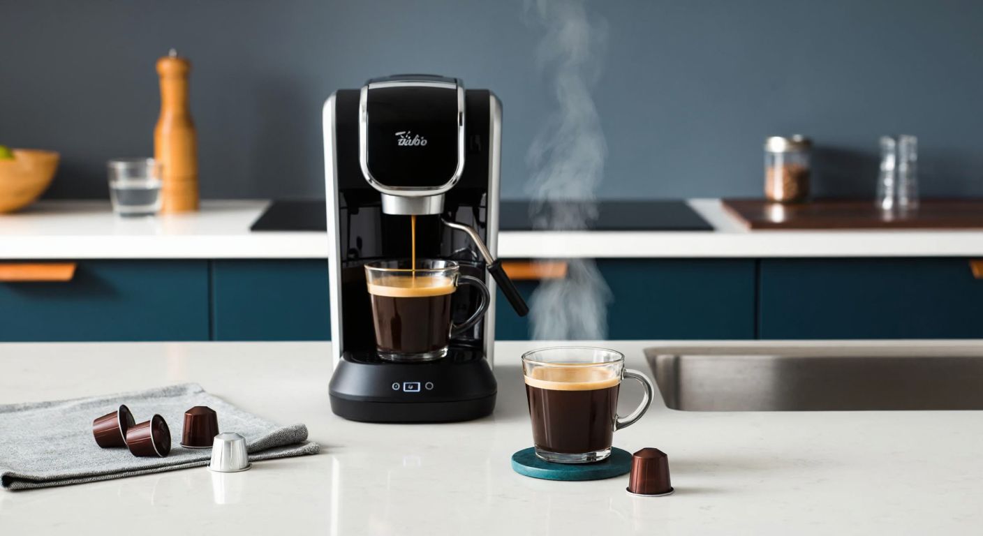 A modern Tchibo coffee machine sits on a Turkish kitchen counter, steam rising from a freshly brewed cup of espresso beside it, with a neatly placed coffee capsule and a glass of water nearby.