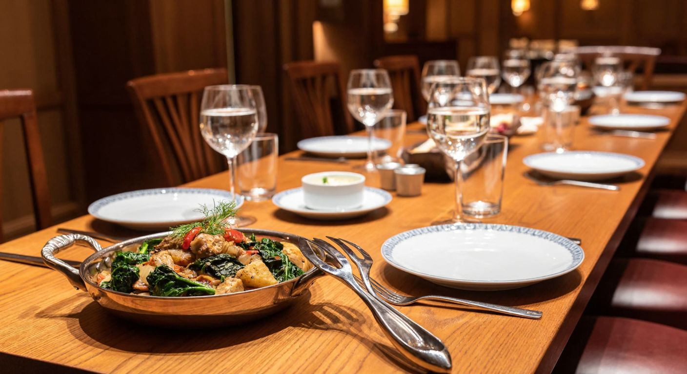A long wooden dining table set for eight people, with elegant silver serving tongs placed neatly beside a steaming dish of Russian-style cuisine, surrounded by fine china and crystal glasses under warm ambient lighting.