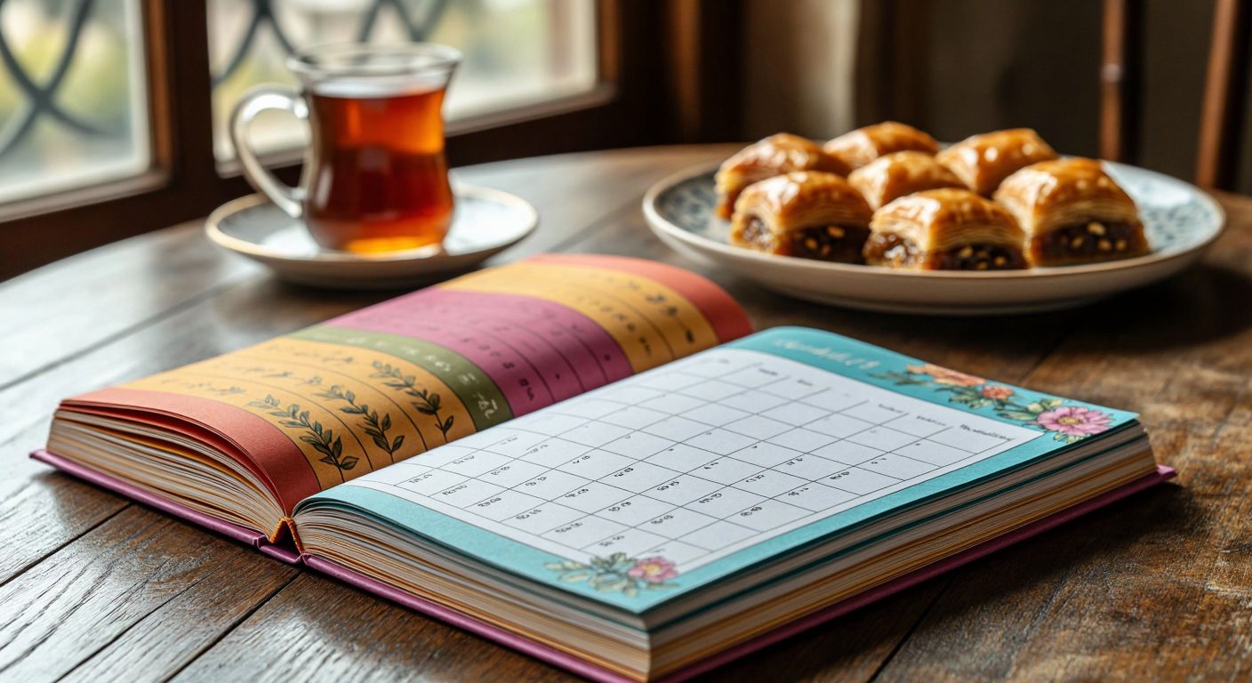 A colorful calendar with five months' worth of pages flipping open, revealing a mix of 30 and 31-day months, while a small February page peeks out with 28 days, set against a warm Turkish tea glass and a plate of baklava.
