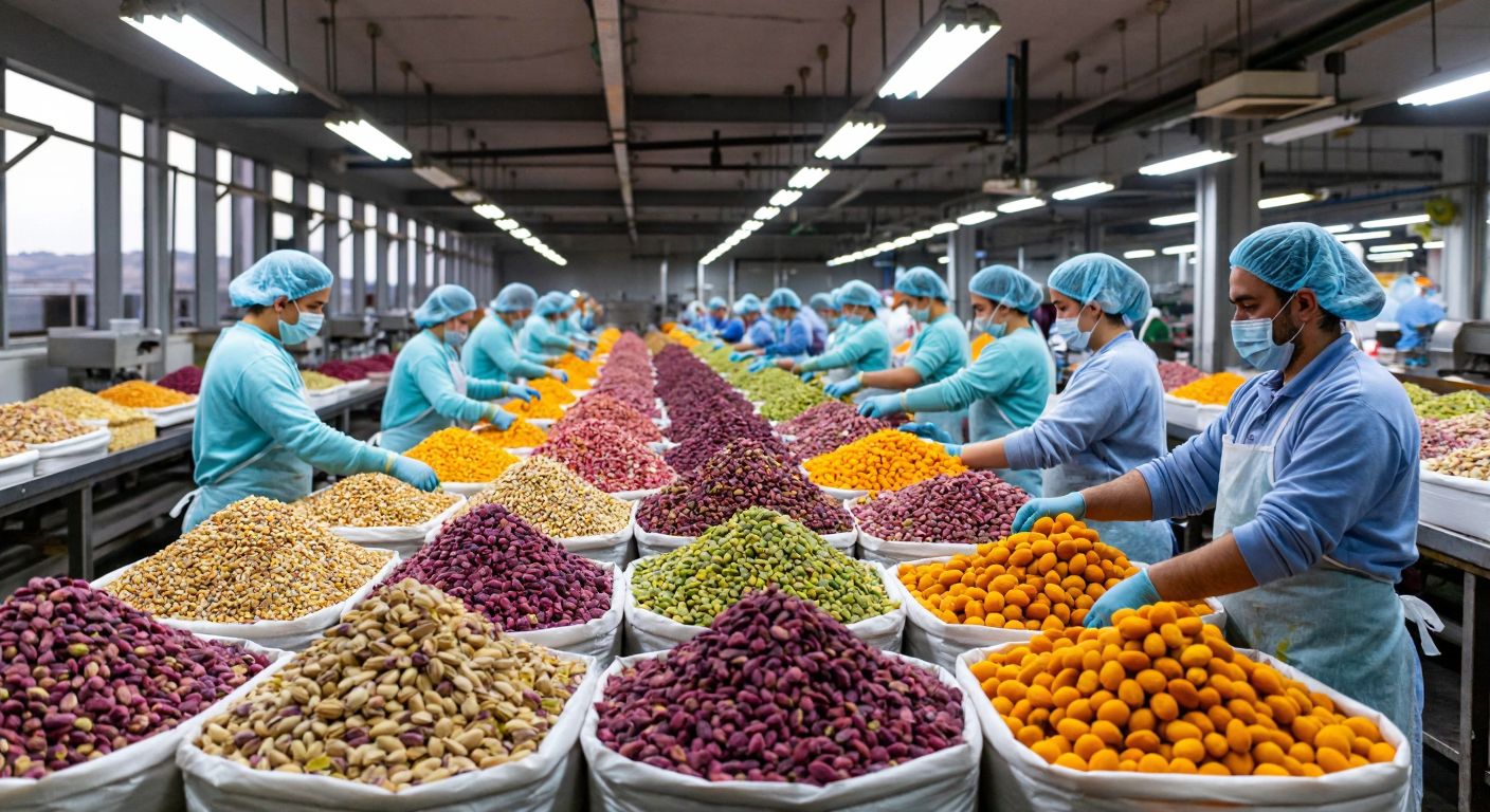 A bustling Turkish factory with workers in hairnets packing colorful dried nuts, set against the backdrop of Gaziantep's skyline, with sacks of pistachios and trays of apricots lining the production floor.