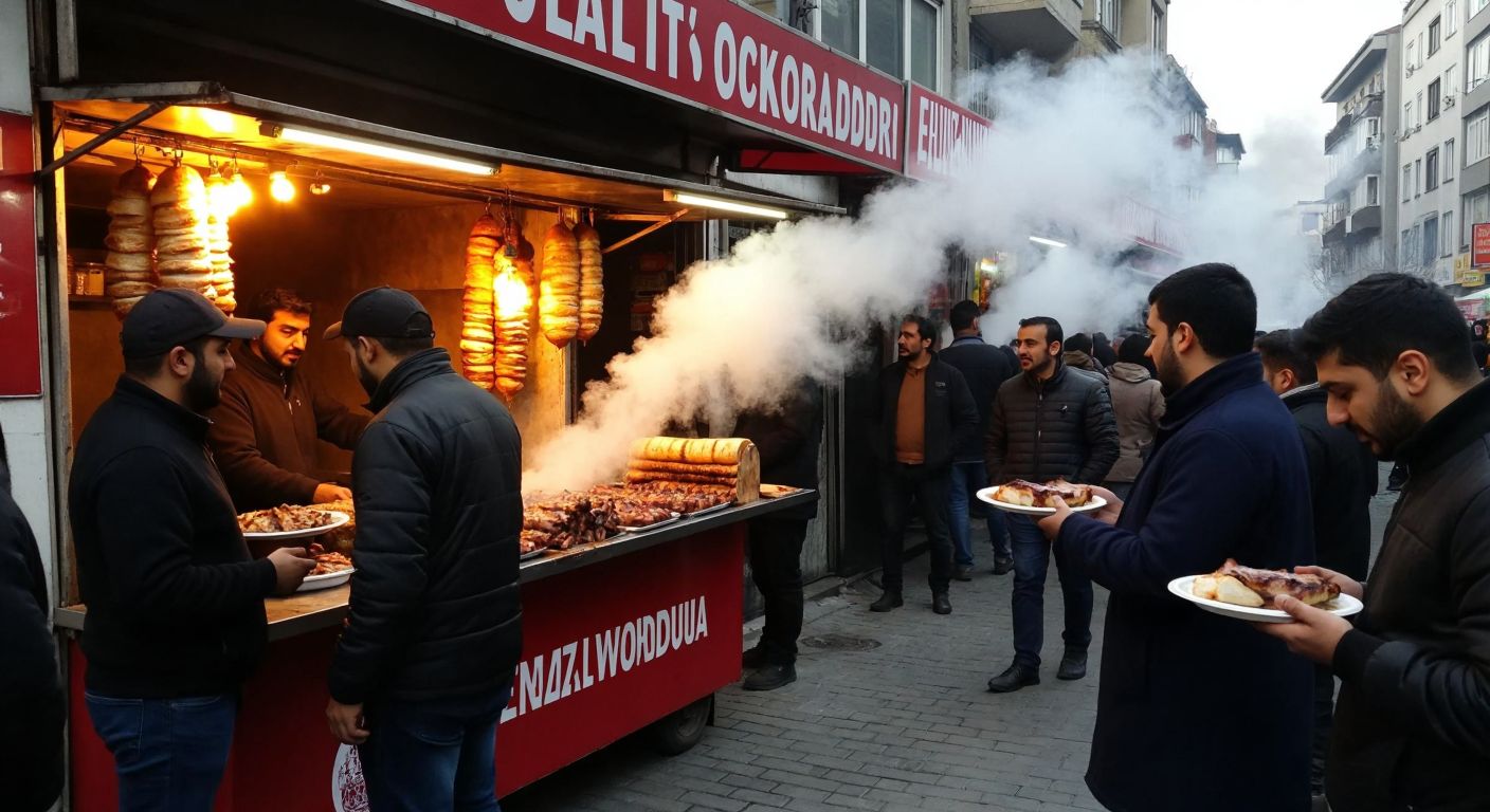 A bustling street in Zeytinburnu, Istanbul, with a small, lively kokoreç stand emitting aromatic smoke, surrounded by eager customers holding plates of grilled offal wrapped in bread.