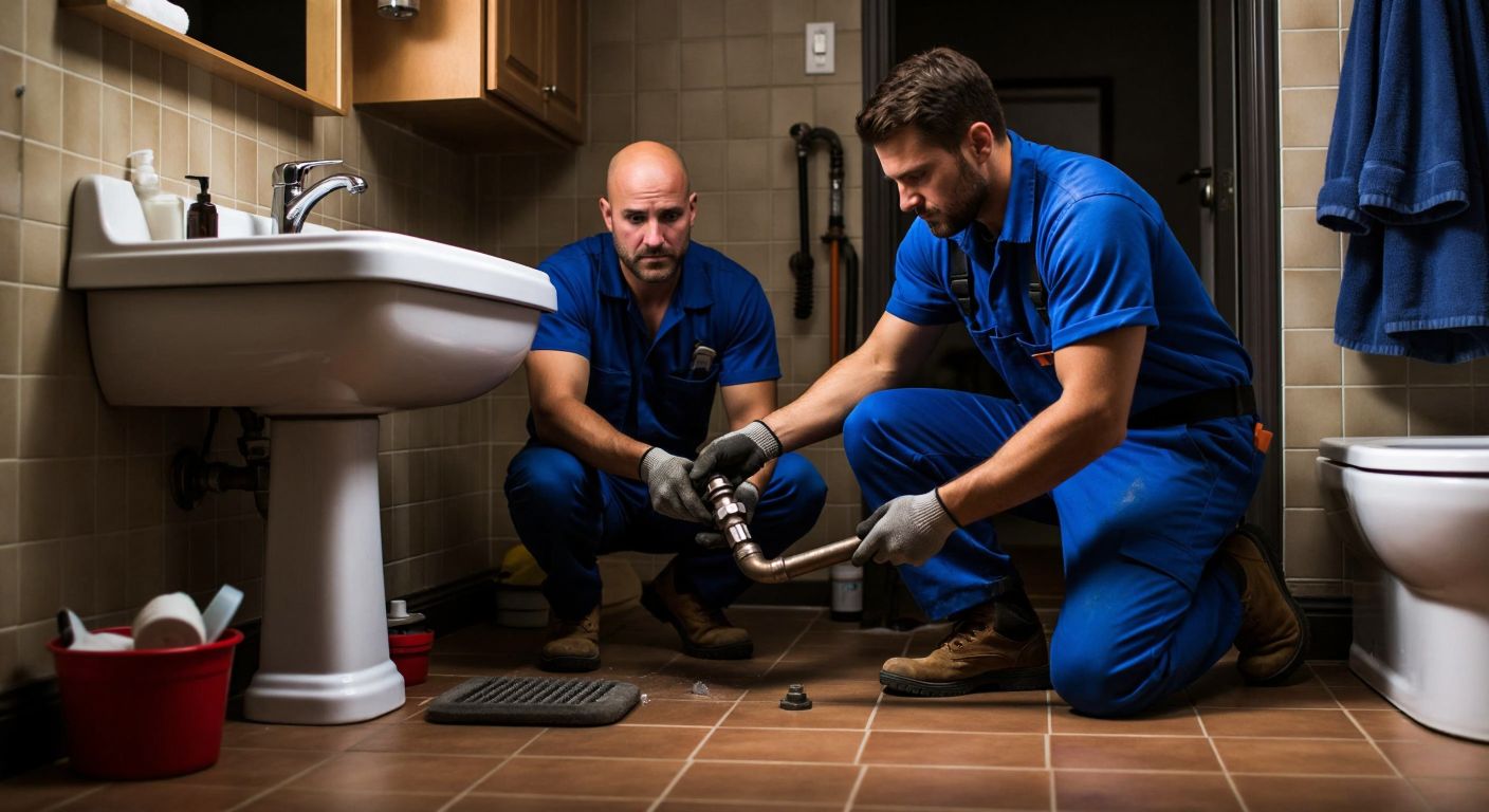 A plumber in a blue work uniform kneels on a tiled bathroom floor, tightening a pipe under a sink while a homeowner in casual clothing watches with relief.