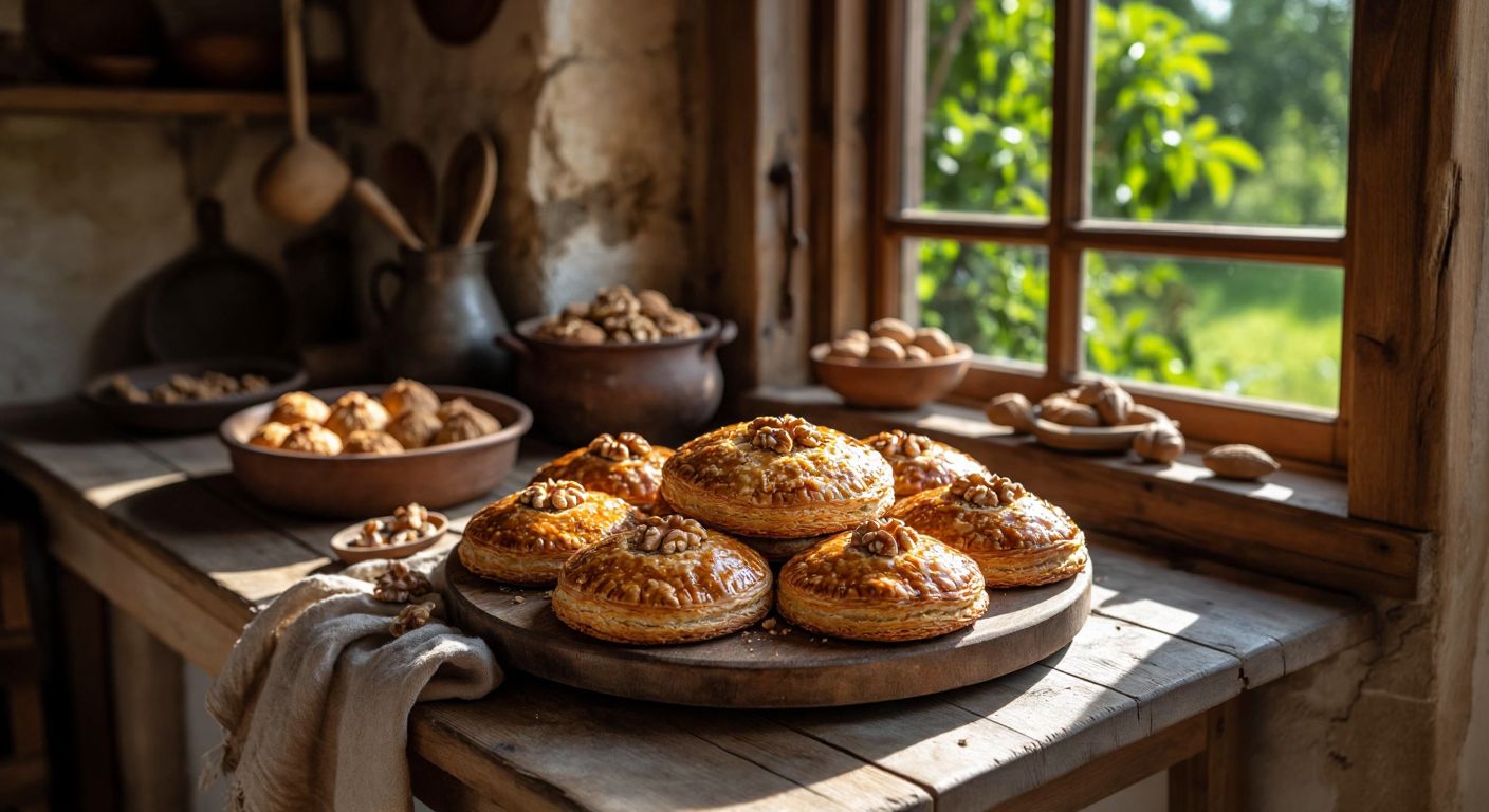 A rustic wooden table in a sunlit village kitchen holds freshly baked Maraş cevizli kömbe, with golden-brown layers and crushed walnuts from local orchards scattered on top.