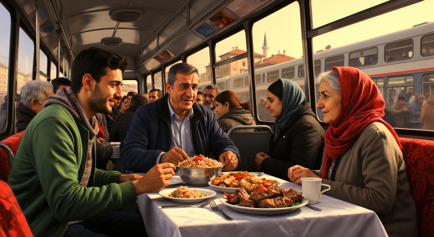 A warm Turkish family dinner scene where a young man politely offers his seat to an elderly woman on a crowded bus, while others at the table wait patiently with hands folded before starting their meal of steaming kebabs and pilaf.  

(Note: This combines multiple etiquette rules from the response - offering seats, waiting to eat, and table manners - in a culturally specific Turkish setting without violating the constraints.)