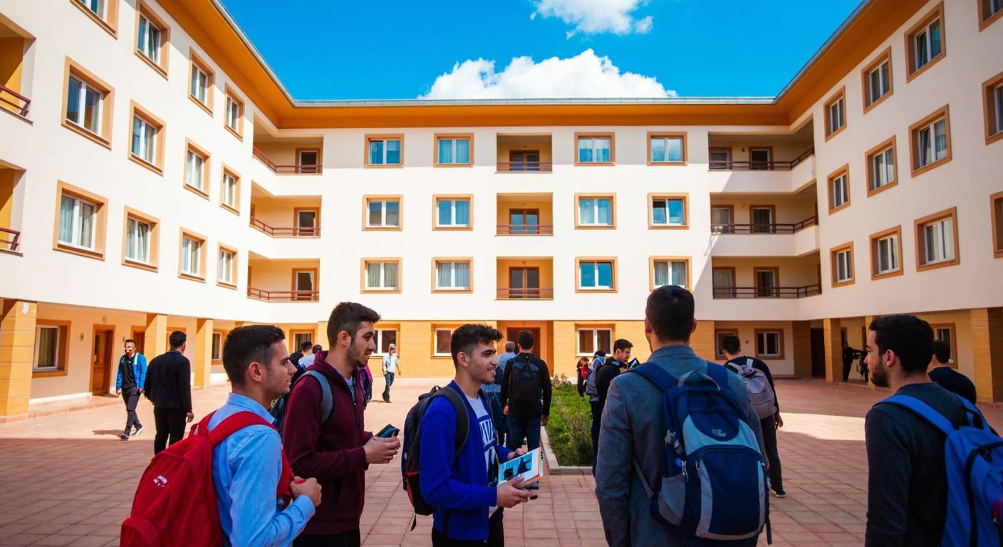 A bustling, multi-story dormitory in Bigadiç, Balıkesir, with groups of young male students chatting in the courtyard, carrying backpacks and books, under a bright blue sky.