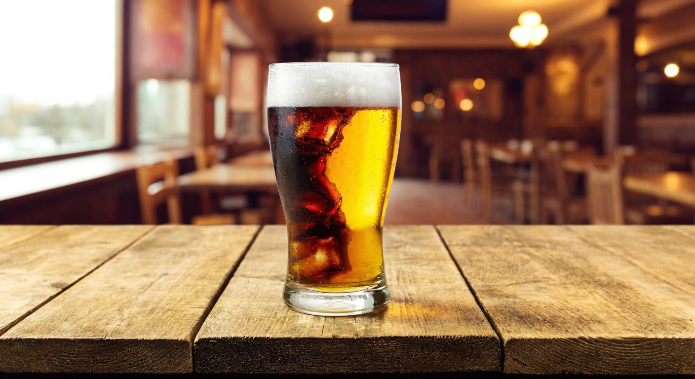 A frosty glass filled with golden beer and dark cola swirling together, resting on a rustic wooden table in a cozy Turkish tavern.