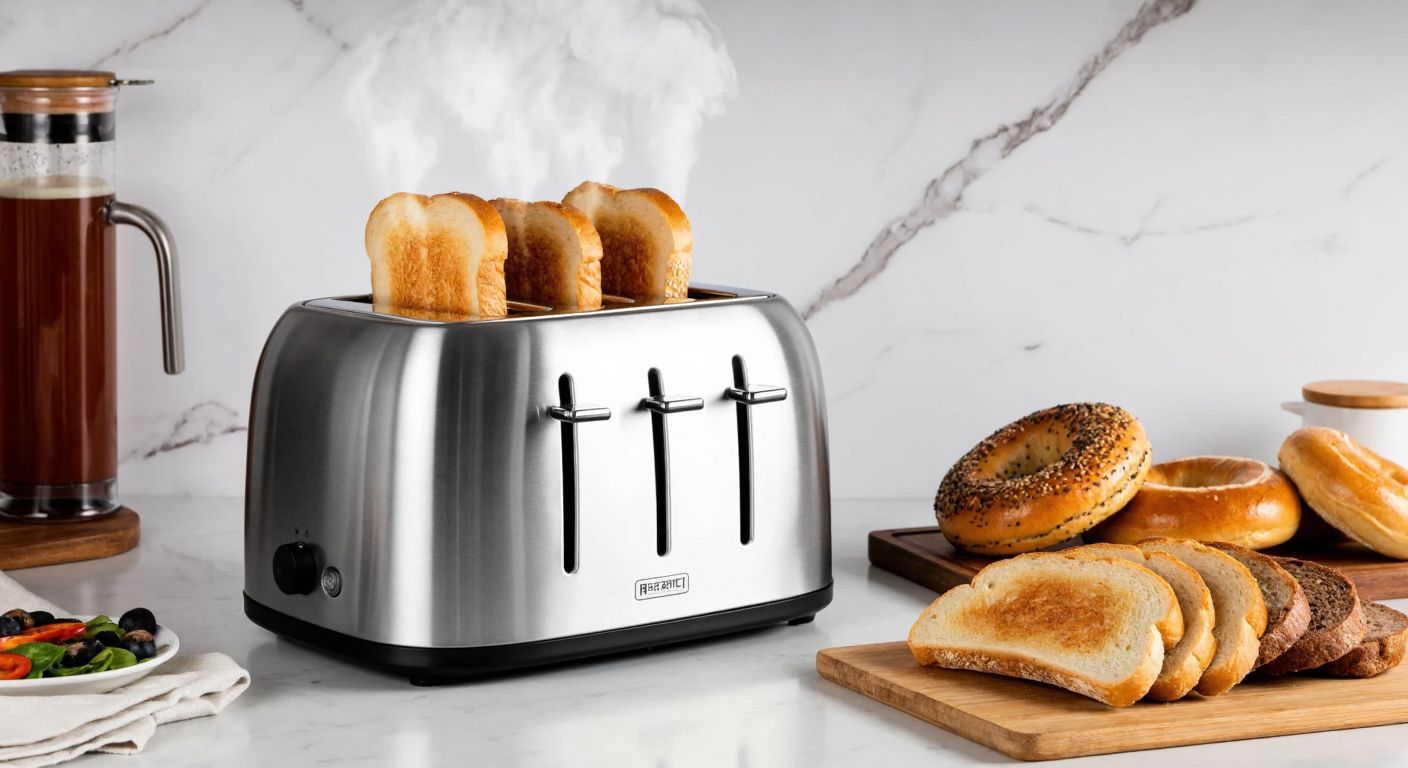 A sleek silver toaster with four slots sits on a marble countertop, golden-brown toast popping up while steam rises, surrounded by fresh bread slices and a Turkish simit on a wooden cutting board.