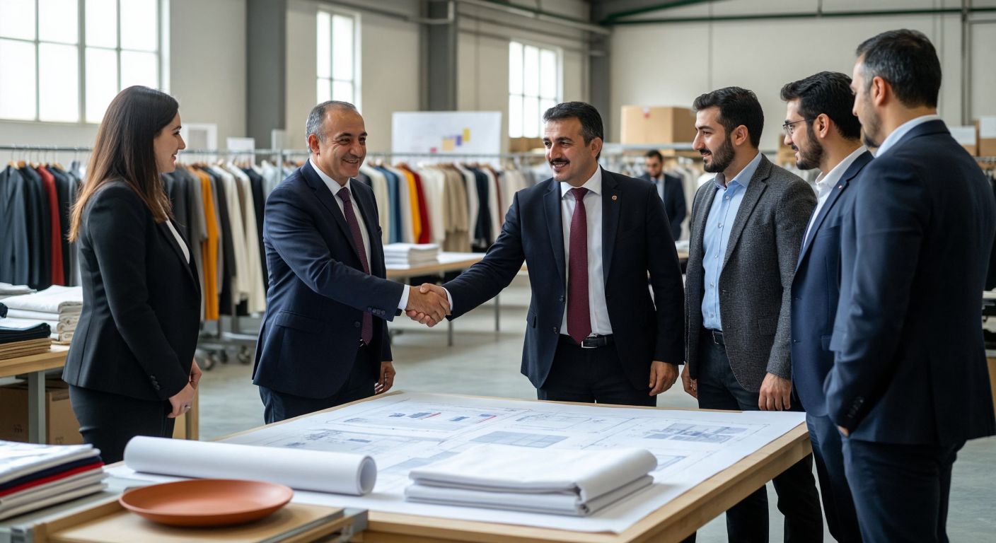A Turkish businessman shaking hands with a foreign partner over a table covered with export goods like textiles and ceramics, while another group of Turkish and foreign executives collaboratively review blueprints for a new factory.