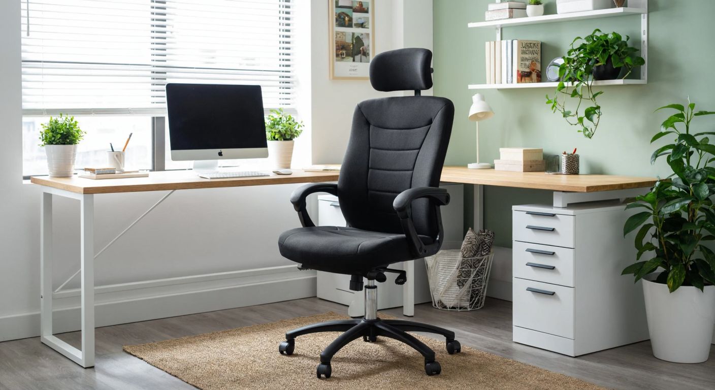 A modern ergonomic office chair with adjustable height and lumbar support sits in a well-lit Turkish home office, surrounded by a neatly organized desk and potted plants, conveying comfort and productivity.