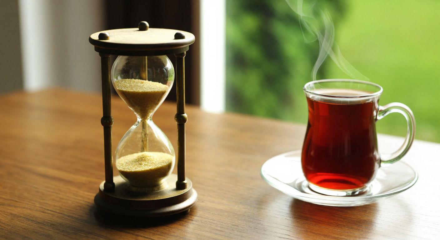 A traditional Turkish hourglass with golden sand flowing between two glass bulbs, resting on a wooden table beside a steaming cup of çay.