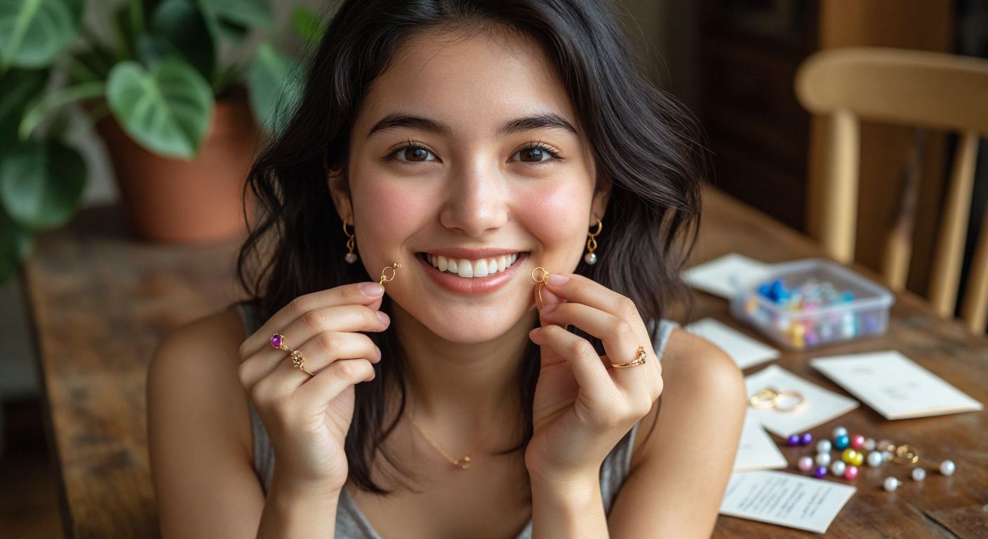 A young woman with dark hair and a warm smile holds up a delicate gold earring, carefully attaching a small silicone backing to its stem while colorful beads, a tiny rubber band, and a scrap of folded paper lie scattered on a wooden table beside her.