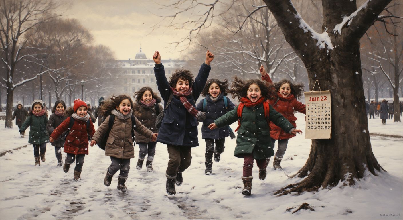 A joyful group of Turkish schoolchildren in winter coats playing in a snowy park, their backpacks set aside, with a calendar page showing January 22 to February 2 pinned to a nearby tree.