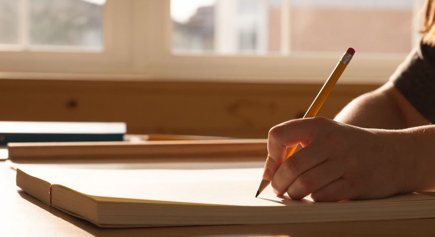 A person’s hands carefully aligning a wooden ruler with the edge of a notebook while measuring a pencil, with focused eyes and a sunlit classroom desk in the background.