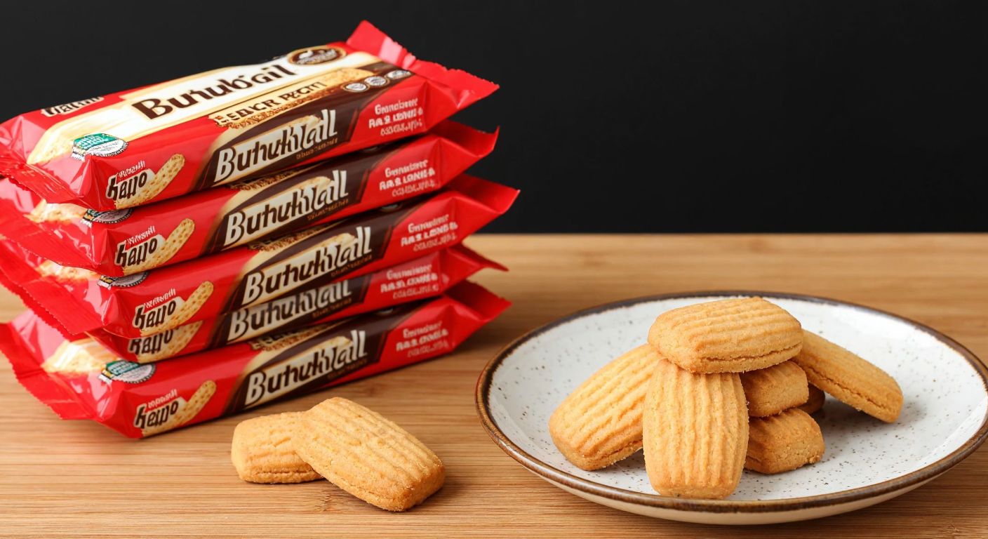 A neatly stacked pile of Eti Burçak biscuit packages on a wooden table, with a few golden-brown biscuits spilling out onto a rustic Turkish ceramic plate.