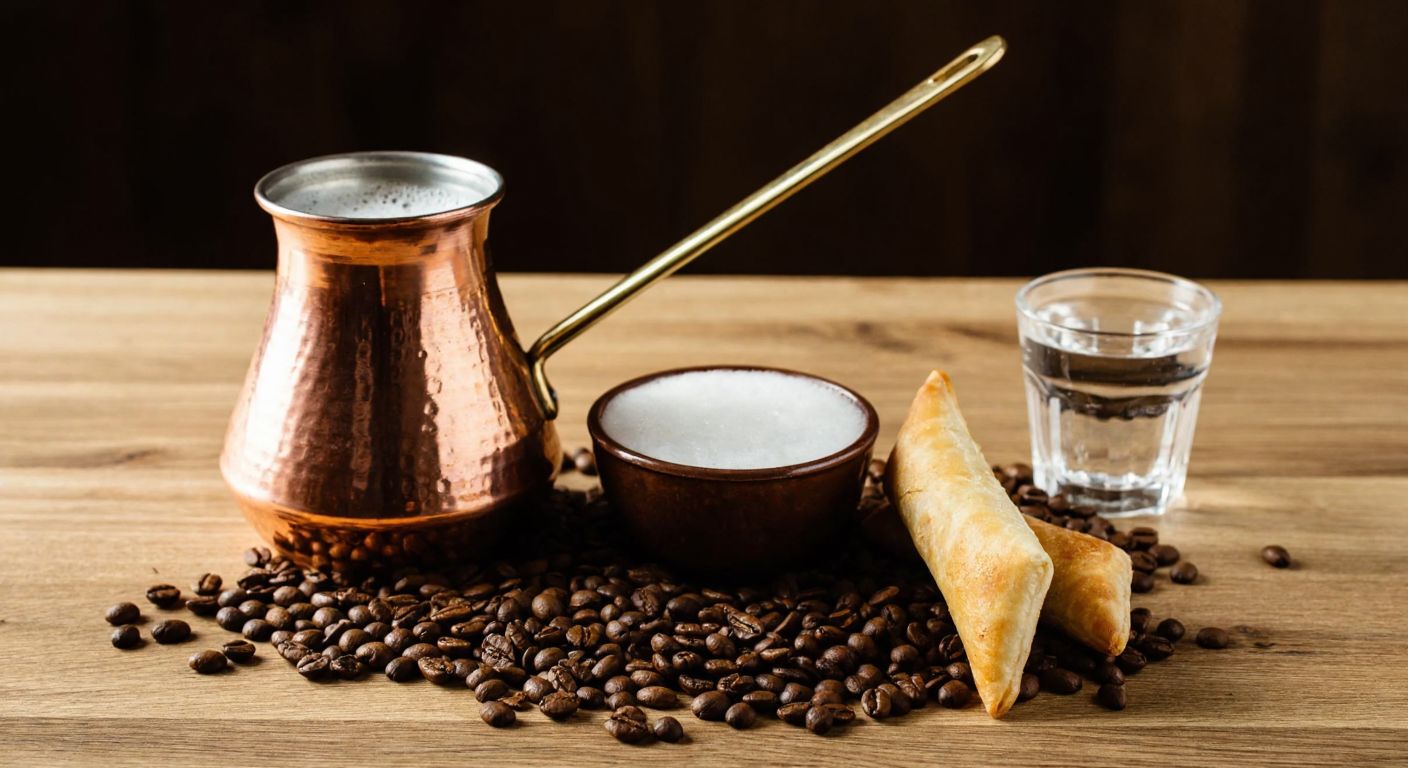 A traditional Turkish copper cezve with thick foam sits beside a Greek briki with minimal foam, both on a wooden table with scattered coffee beans and a small glass of water, evoking a warm, aromatic contrast.