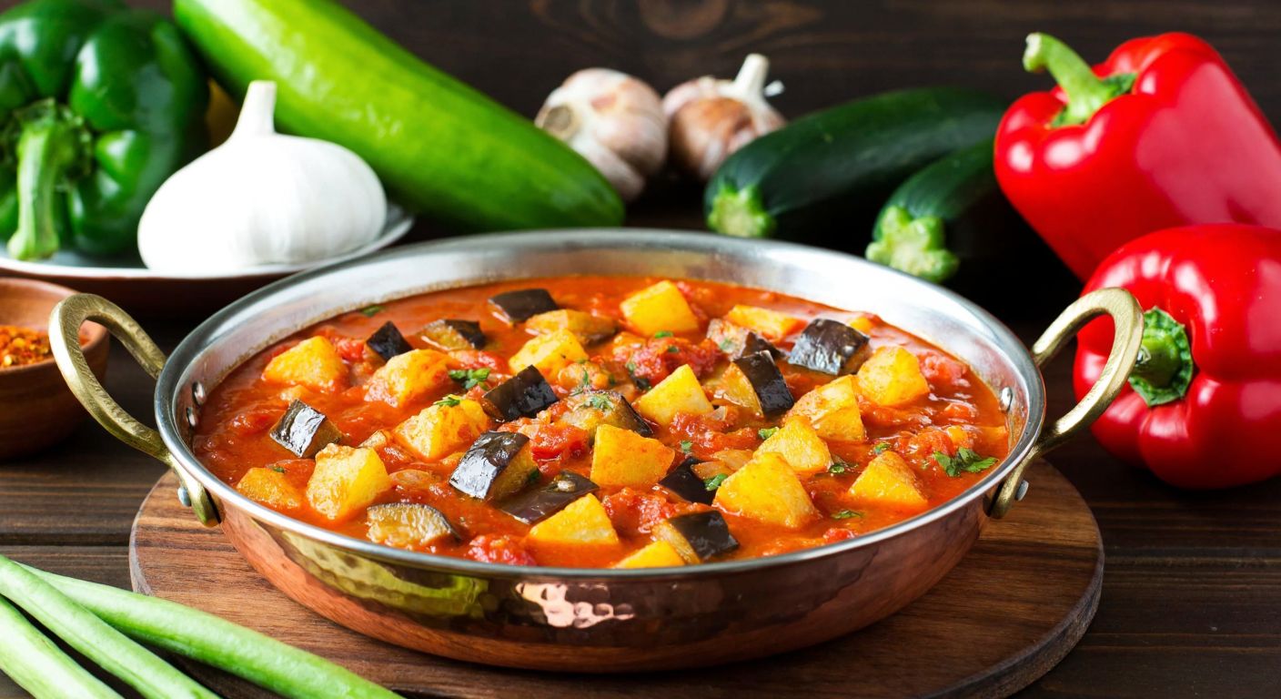 A vibrant Turkish kitchen scene with a steaming copper pot of golden-fried potato and eggplant cubes in a rich tomato-garlic sauce, surrounded by fresh green peppers, zucchinis, and red bell peppers on a wooden table.