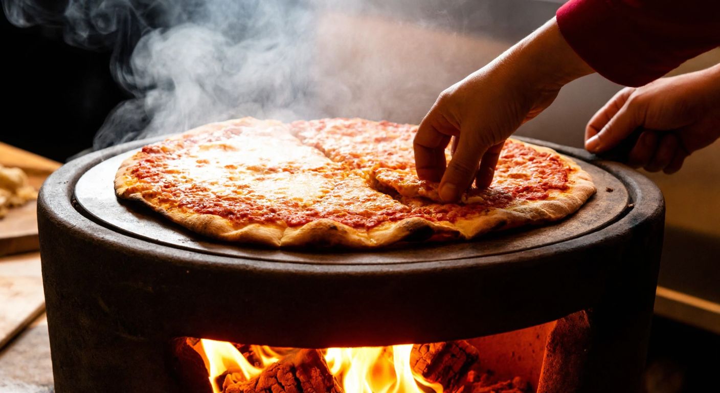 A golden-brown lahmacun sizzling in a traditional clay tandoor oven, with steam rising and a cook's hands carefully placing it inside, surrounded by warm, glowing embers.
