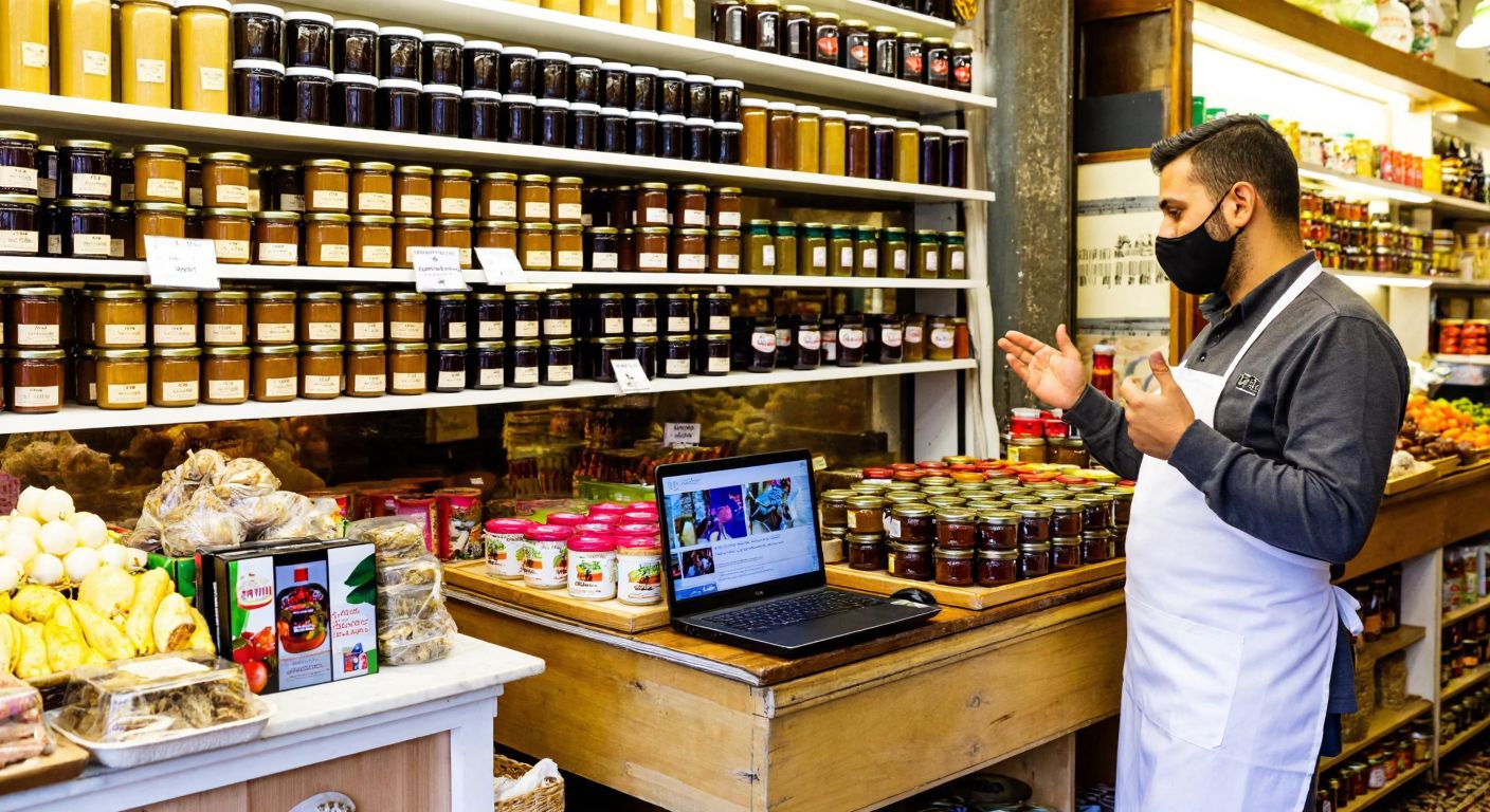A vibrant Turkish marketplace scene with shelves stacked with jars of golden tahini, dark pekmez, and colorful jams, while a shopkeeper in a white apron gestures toward a laptop displaying a shopping website.