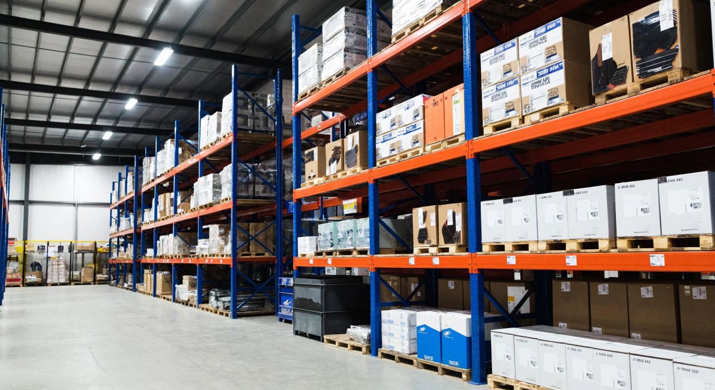 A sturdy, rust-resistant iron shelf in a Turkish warehouse, stacked with neatly organized industrial boxes and tools, under bright overhead lights.