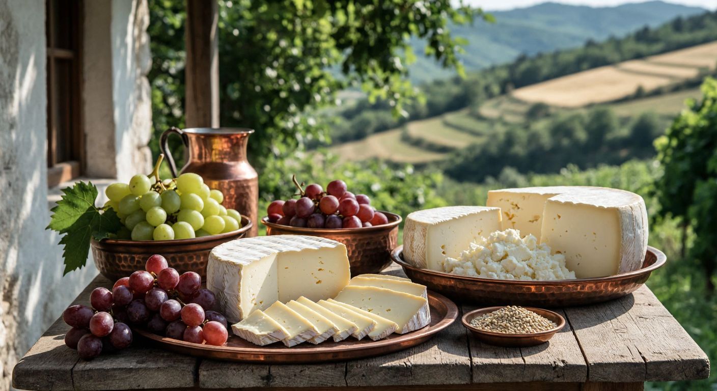 A rustic wooden table in a sunlit Trakya village displays a spread of regional cheeses—golden Trakya Kaşarı, creamy Edirne Beyaz Peyniri, and aged Mihaliç Peyniri—with a traditional Turkish copper tray and fresh grapes beside them.