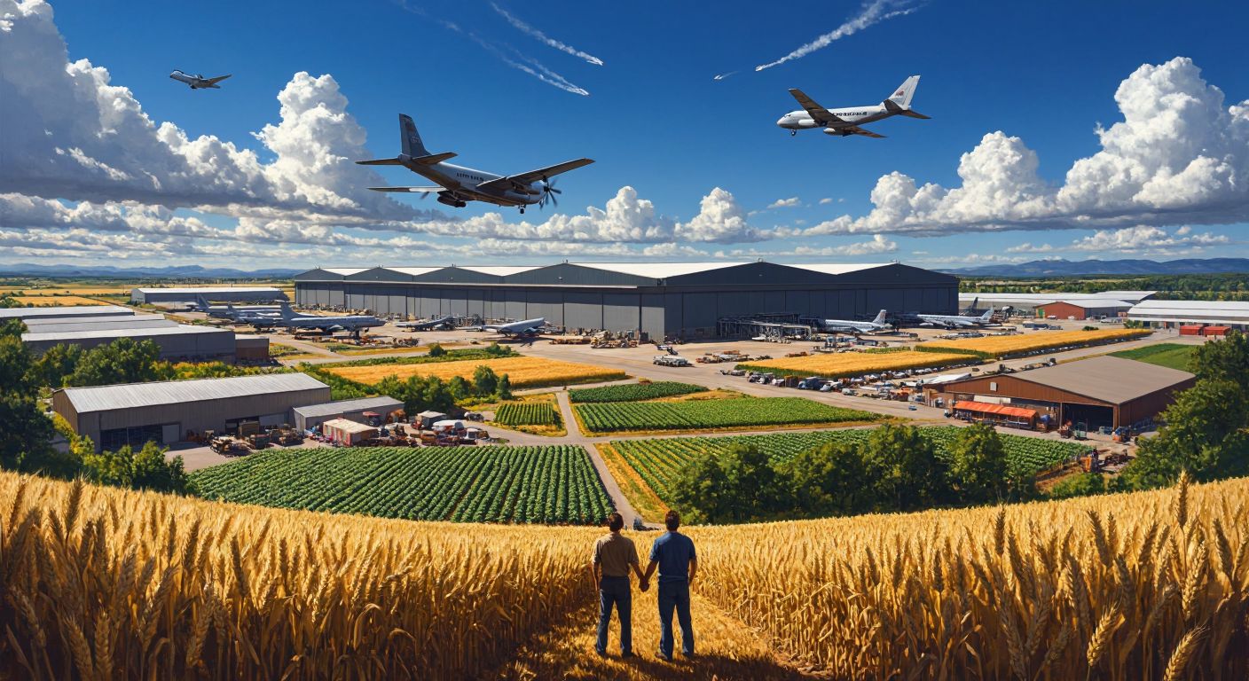 A vast industrial complex with aircraft hangars under a clear blue sky, surrounded by golden wheat fields and a bustling farmers' market with fresh produce, while a group of determined people stand united in the foreground, symbolizing resilience and progress.