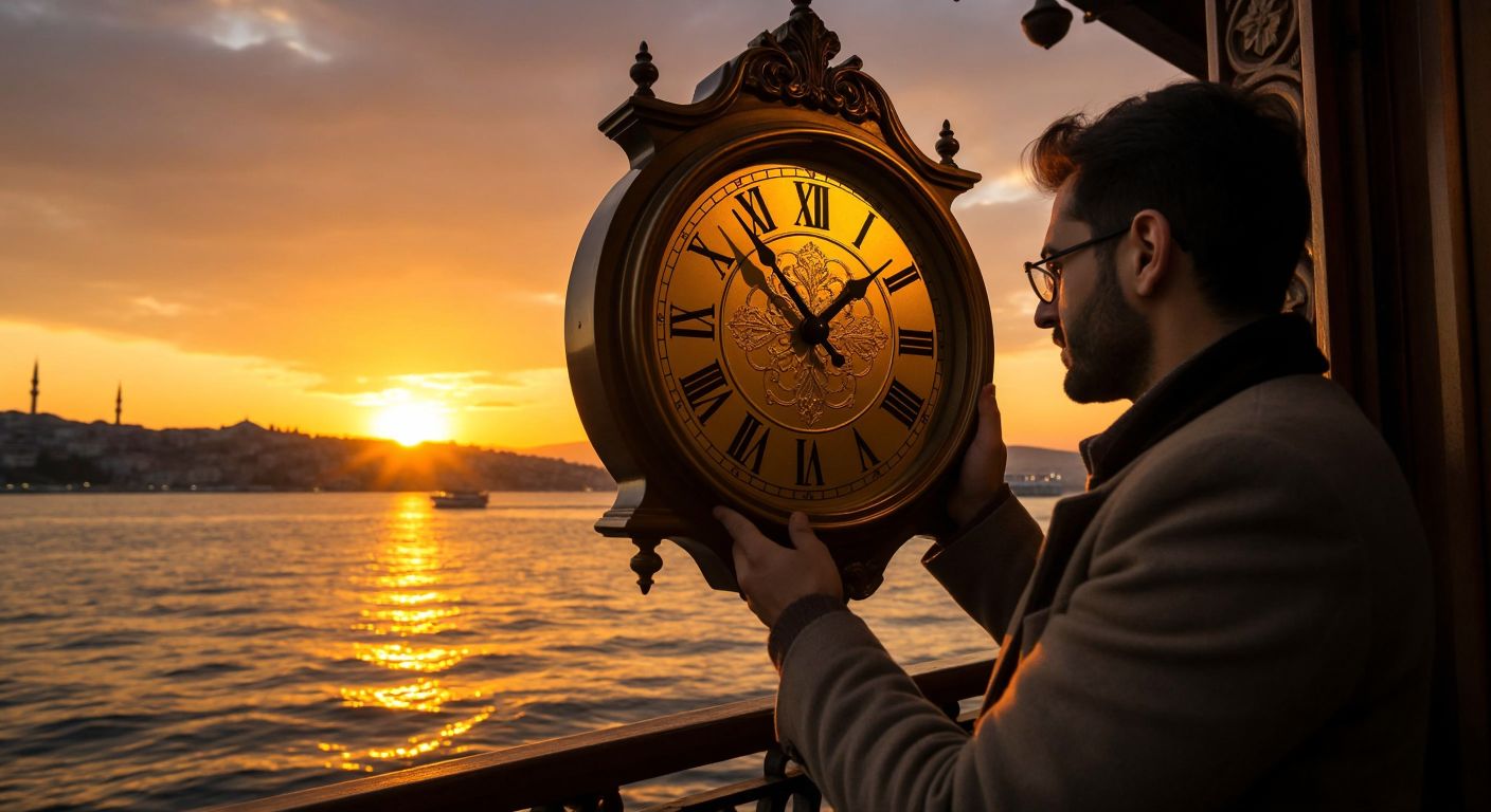 A person in Turkey checking a traditional wall clock with golden hands against a backdrop of a sunset over the Bosphorus, looking slightly confused but then relieved.