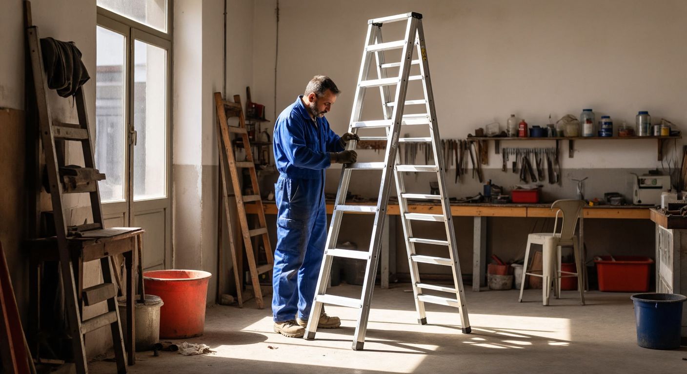 A sturdy aluminum ladder standing in a sunny Turkish workshop, with a worker in a blue jumpsuit carefully inspecting its steps for wear while a well-worn but intact older ladder leans against the wall nearby.
