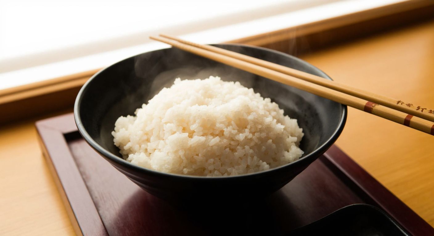 A steaming bowl of short-grain sticky rice with chopsticks resting on the edge, placed on a traditional Japanese wooden dining table.