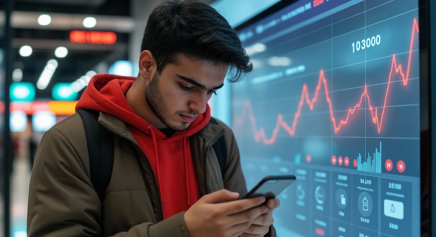 A concerned young adult in Turkey checks their smartphone with the Hopi app open, while a transparent, downward-trending graph representing a credit score hovers subtly in the background.